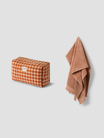 Cinnamon/Peach Gingham Wash Bag & Sand Shell Towels Bundle