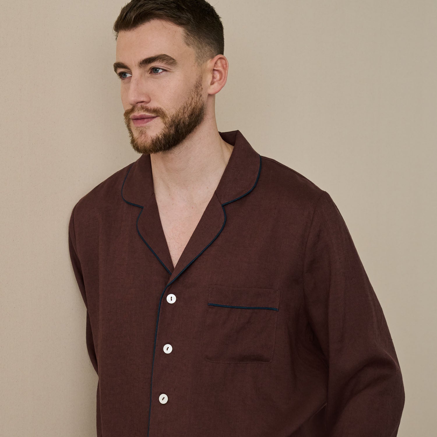 Men's Conker Brown Linen Pyjama Shirt