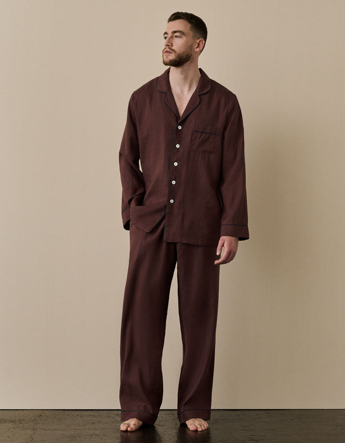 Men's Conker Brown Linen Pyjama Trouser Set