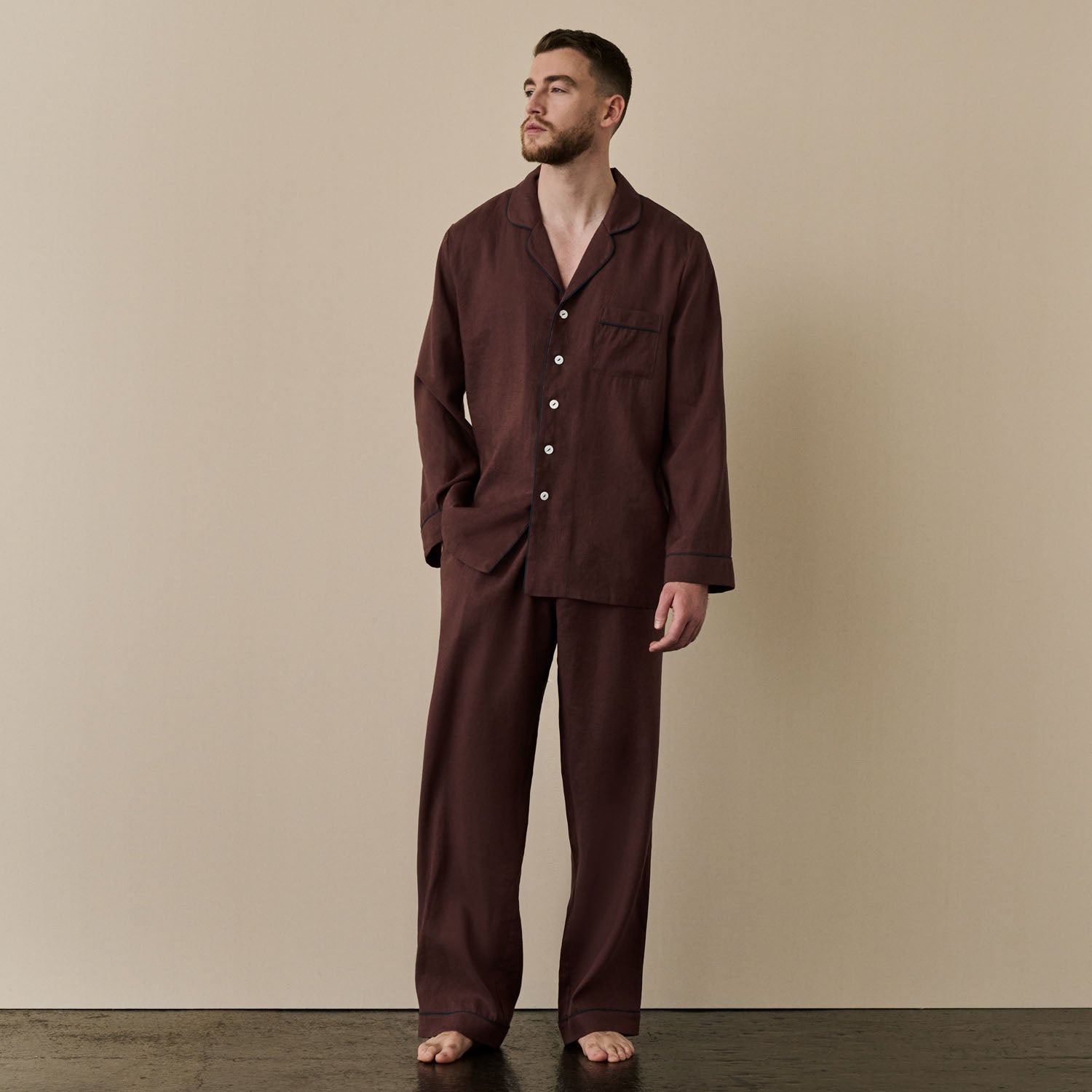 Men's Conker Brown Linen Pyjama Trouser Set