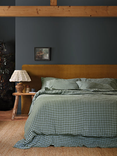 Fern Green & Dusk Blue Colour Drenched Gingham 100% Linen Duvet Cover - alternate image