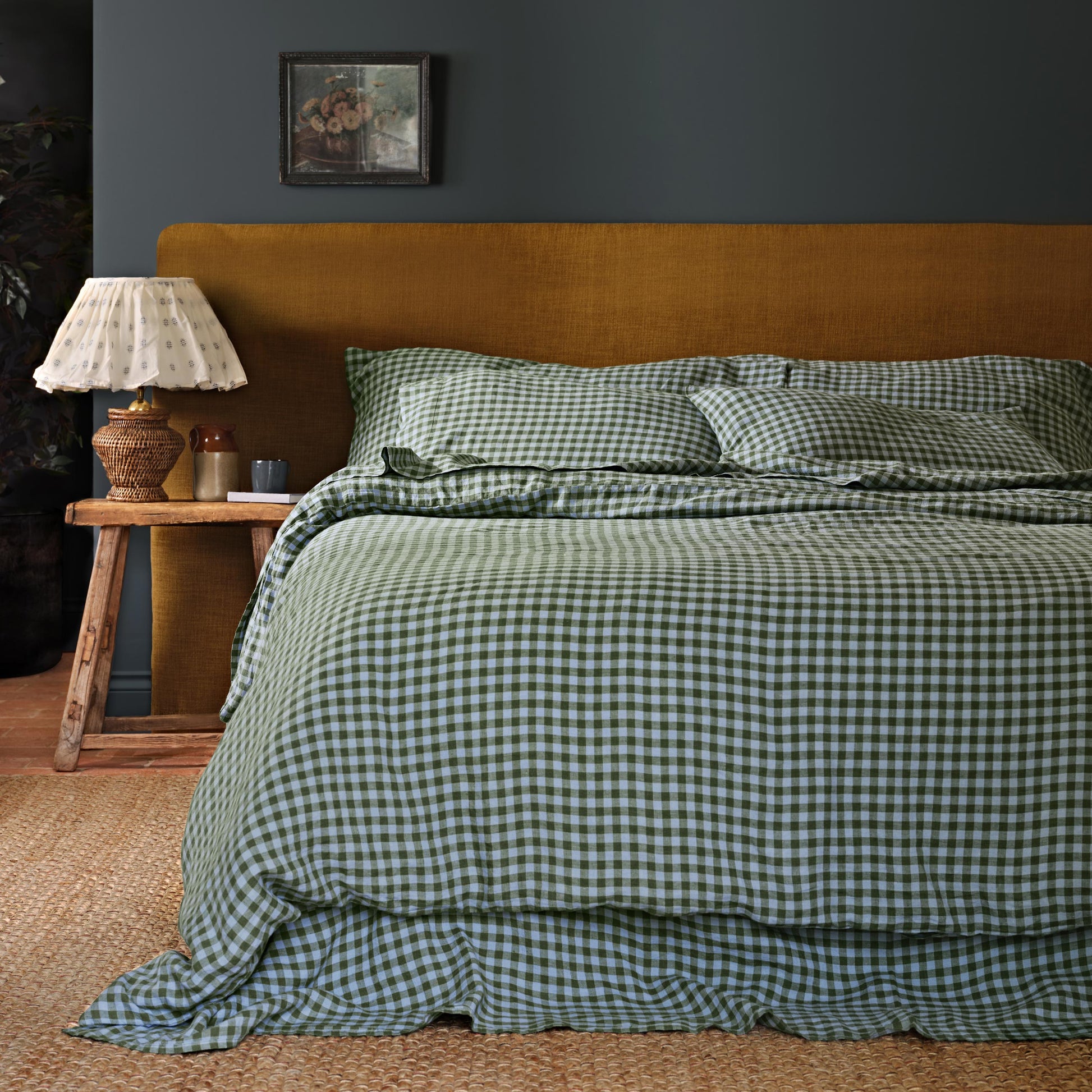 Fern Green & Dusk Blue Colour Drenched Gingham Linen Blend Duvet Cover
