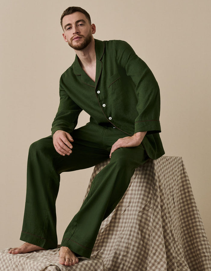 Men's Fern Green Linen Pyjama Trouser Set
