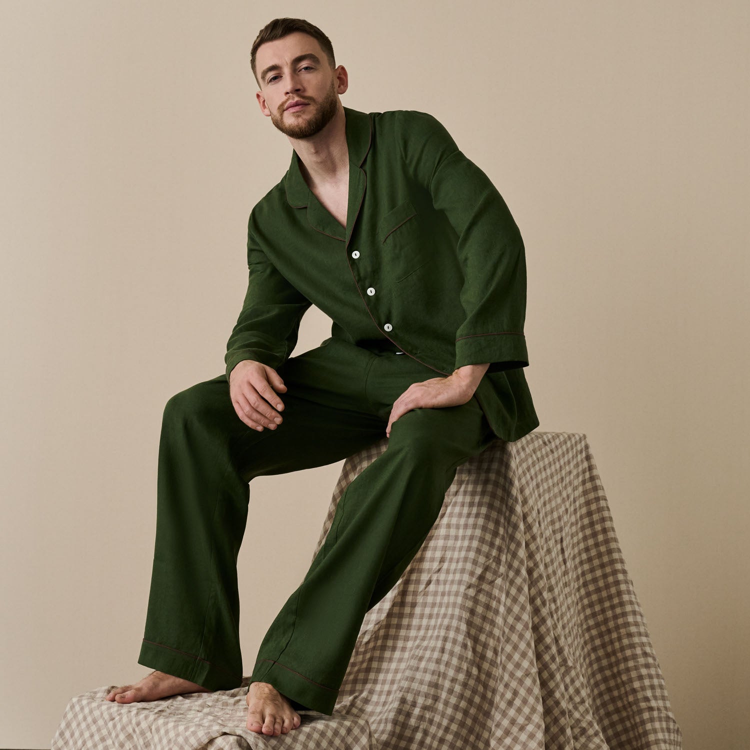 Men's Fern Green Linen Pyjama Trouser Set