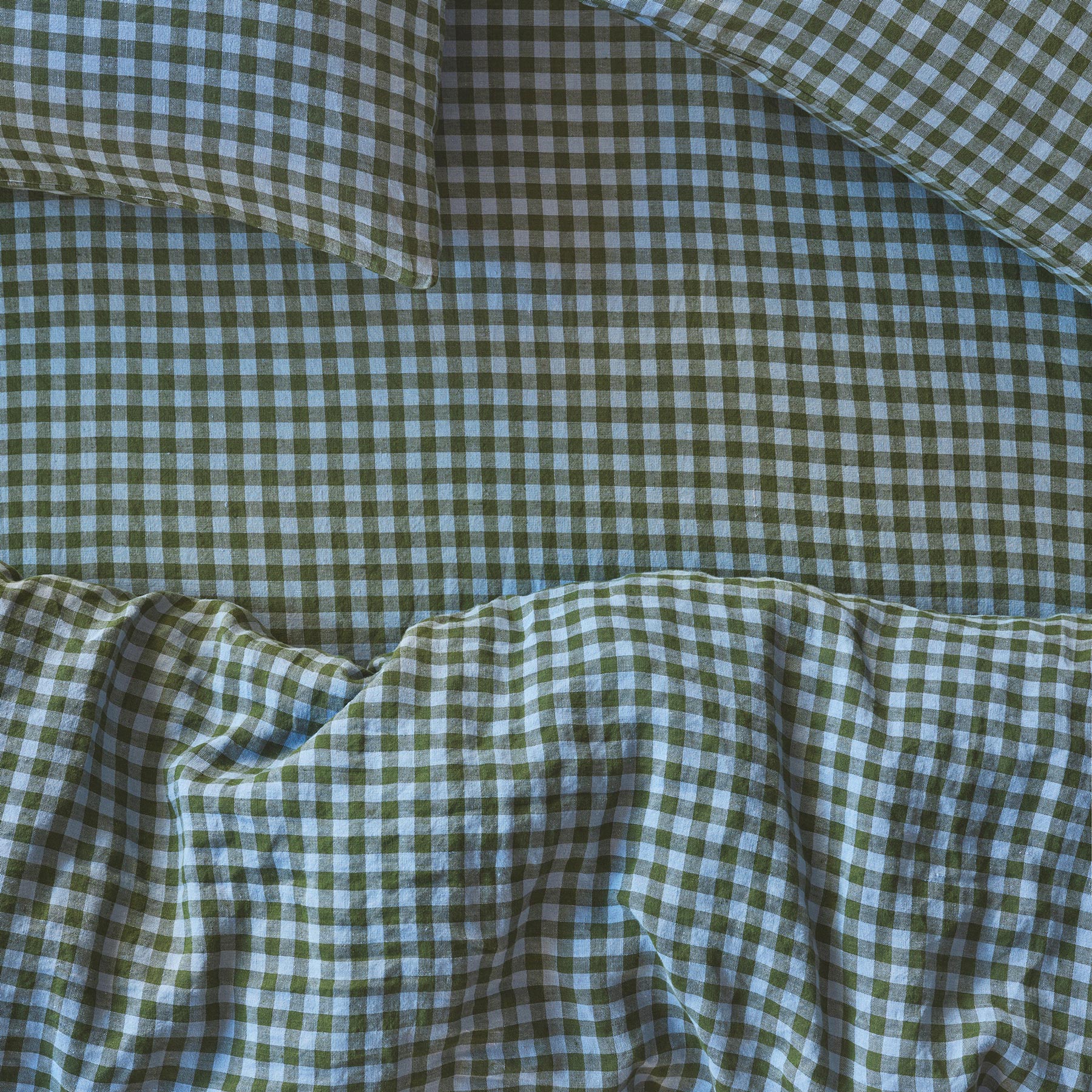 Fern Green & Dusk Blue Colour Drenched Gingham Linen Blend Fitted Sheet