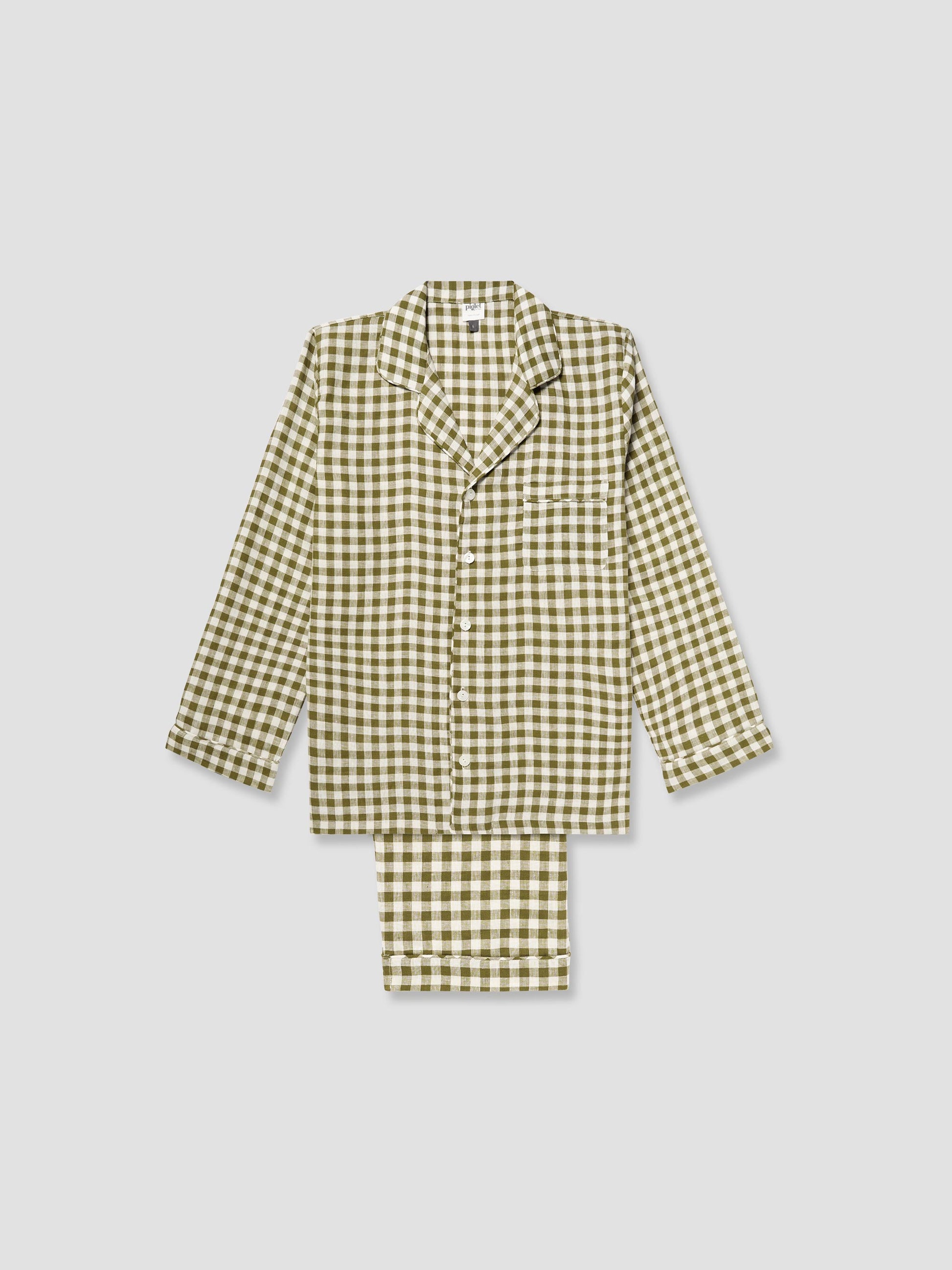 Men's Botanical Green Gingham Linen Pyjama Trouser Set Piglet in