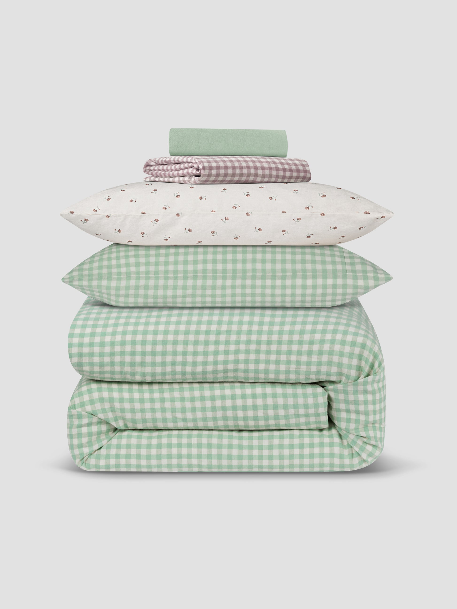 Sage Green Gingham & Posy Bud Linen Blend Bedding Set