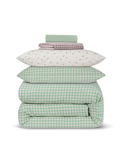 Sage Green Gingham & Posy Bud Linen Blend Bedding Set