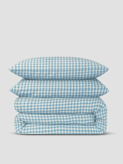 Warm Blue Gingham Linen Blend Duvet Set