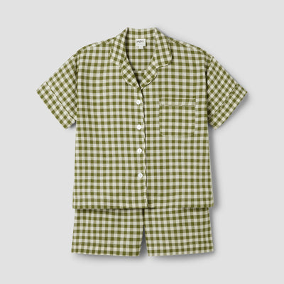 Botanical Green Gingham Linen Blend Pyjama Short Set
