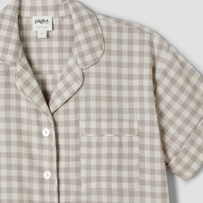 Mushroom Gingham Linen Blend Pyjama Short Set