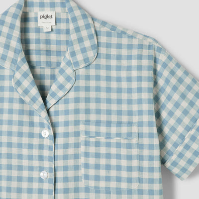 Warm Blue Gingham Linen Blend Pyjama Short Set