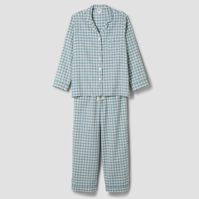Warm Blue Gingham Linen Blend Pyjama Trouser Set - alternate image