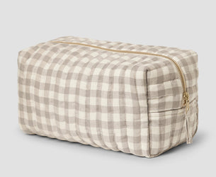 Mushroom Gingham 100% Linen Wash Bag