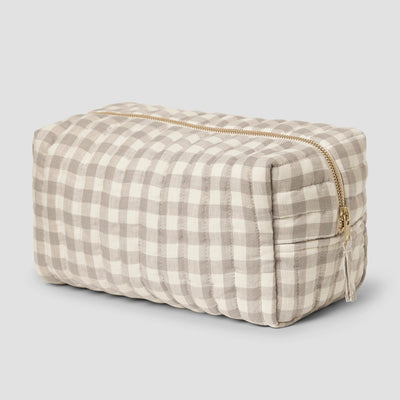 Mushroom Gingham 100% Linen Wash Bag