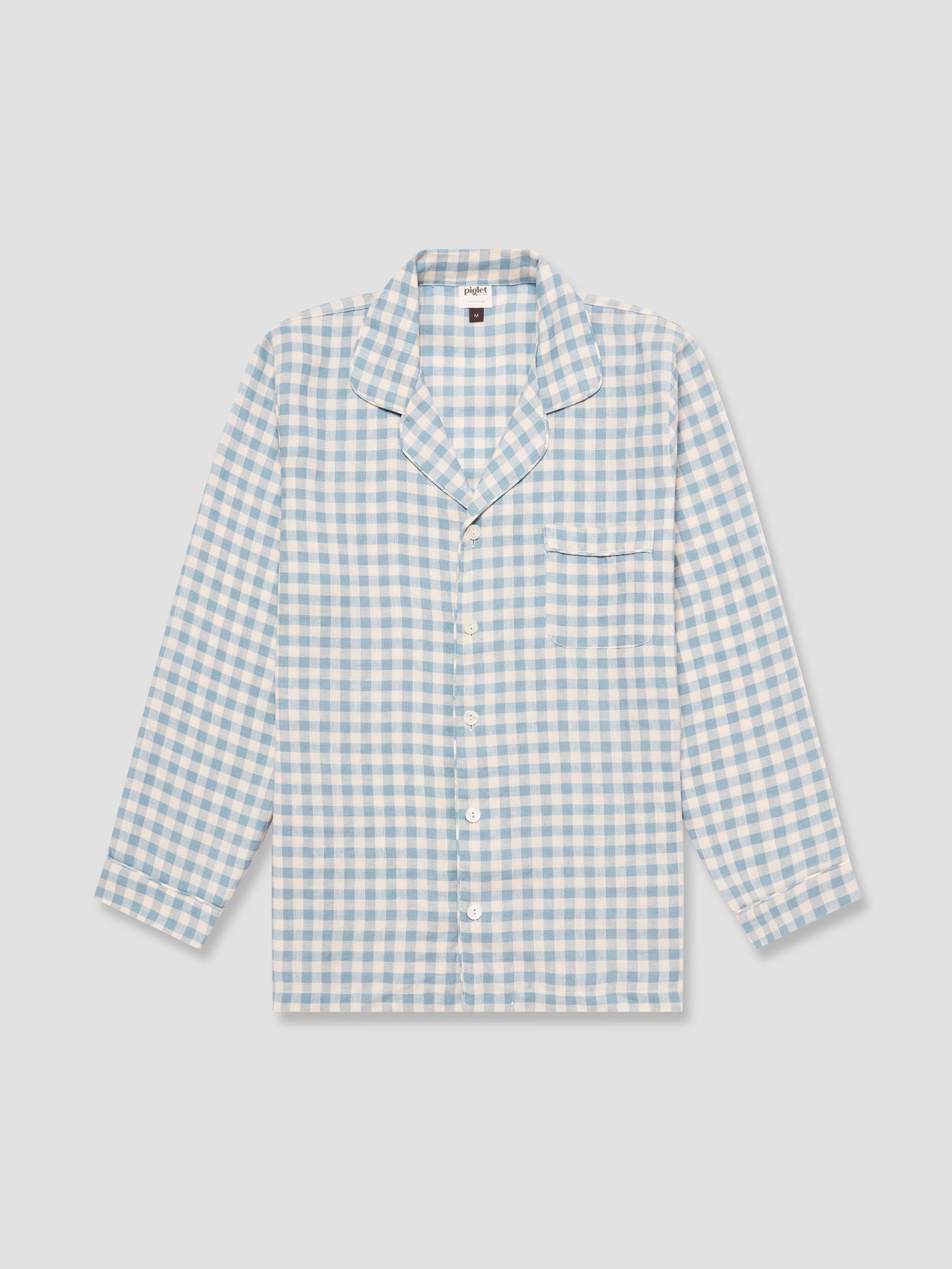 Men's Warm Blue Gingham Linen Pyjama Shirt