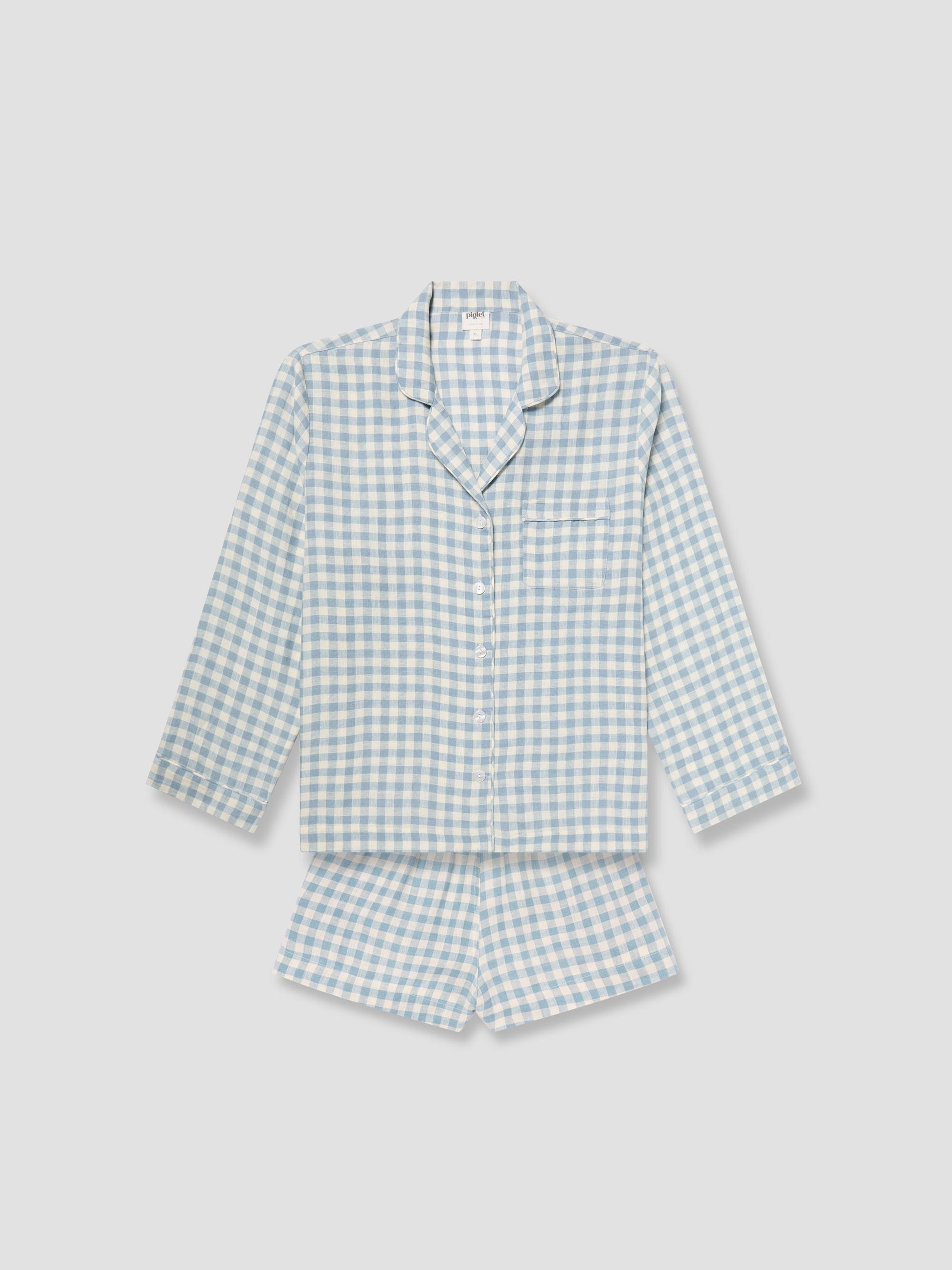 Warm Blue Gingham Linen Pyjama Shorts Set