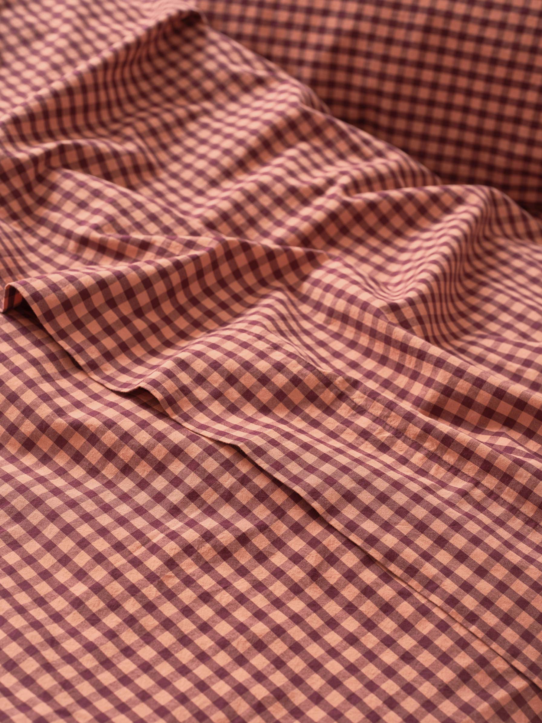 Fig & Blush Pink Gingham Washed Cotton Percale Flat Sheet