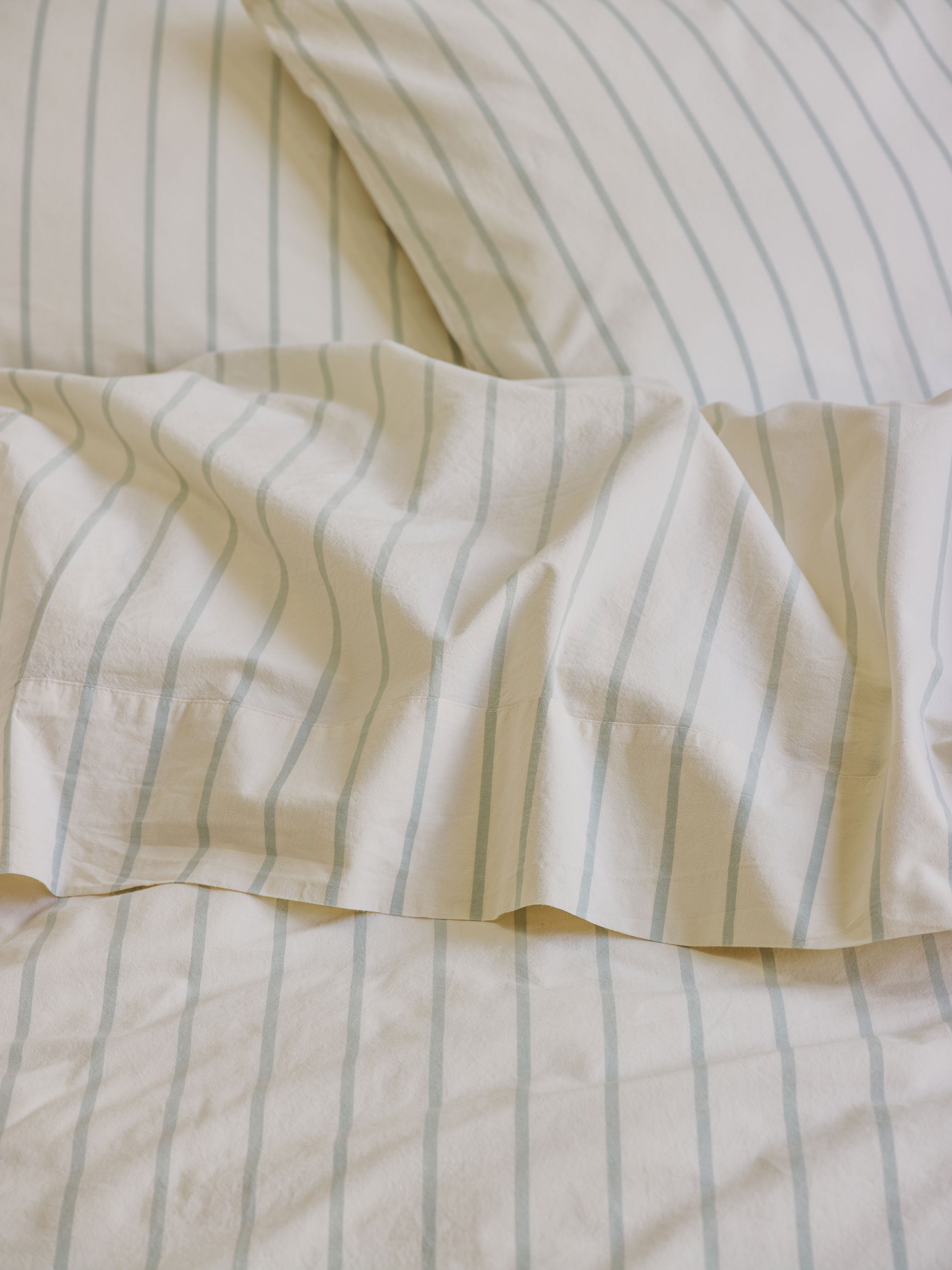 Mellow Green Slumber Stripe Cotton Flat Sheet | Piglet in Bed UK