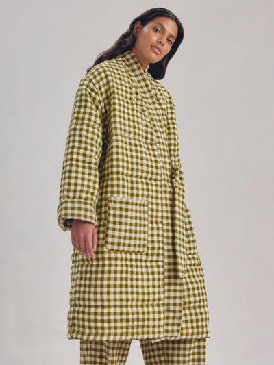 Botanical Green Gingham Linen Blend Housecoat