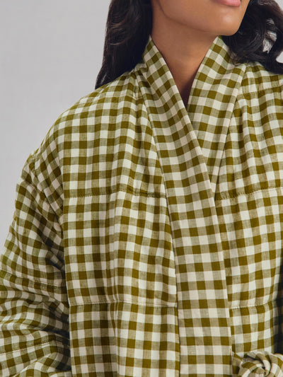 Botanical Green Gingham Linen Blend Housecoat