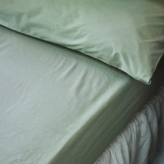Mellow Green Washed Cotton Percale Fitted Sheet