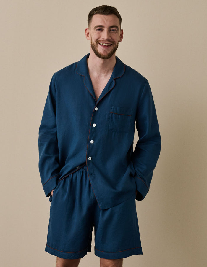 Marine Blue Linen Men's Pyjama Short Set