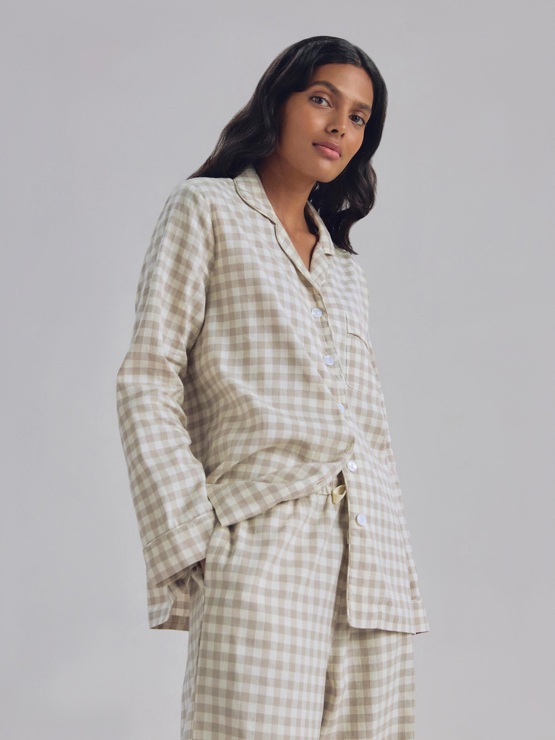 Mushroom Gingham Linen Blend Pyjama Trouser Set