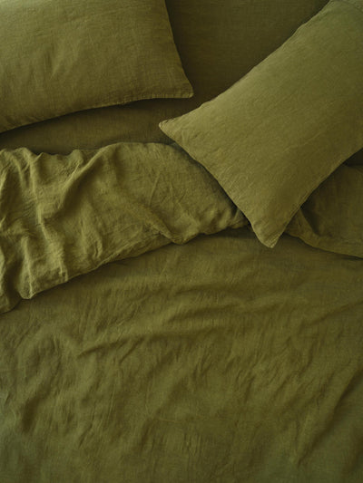 Botanical Green Linen Blend Plain Duvet Cover