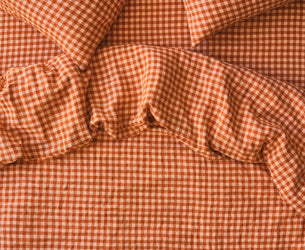Cinnamon & Peach Colour Drenched Gingham Linen Blend Duvet Cover