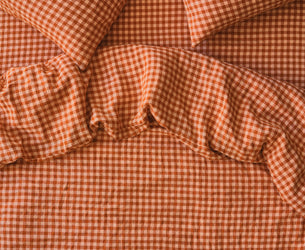Cinnamon & Peach Colour Drenched Gingham Linen Blend Duvet Cover
