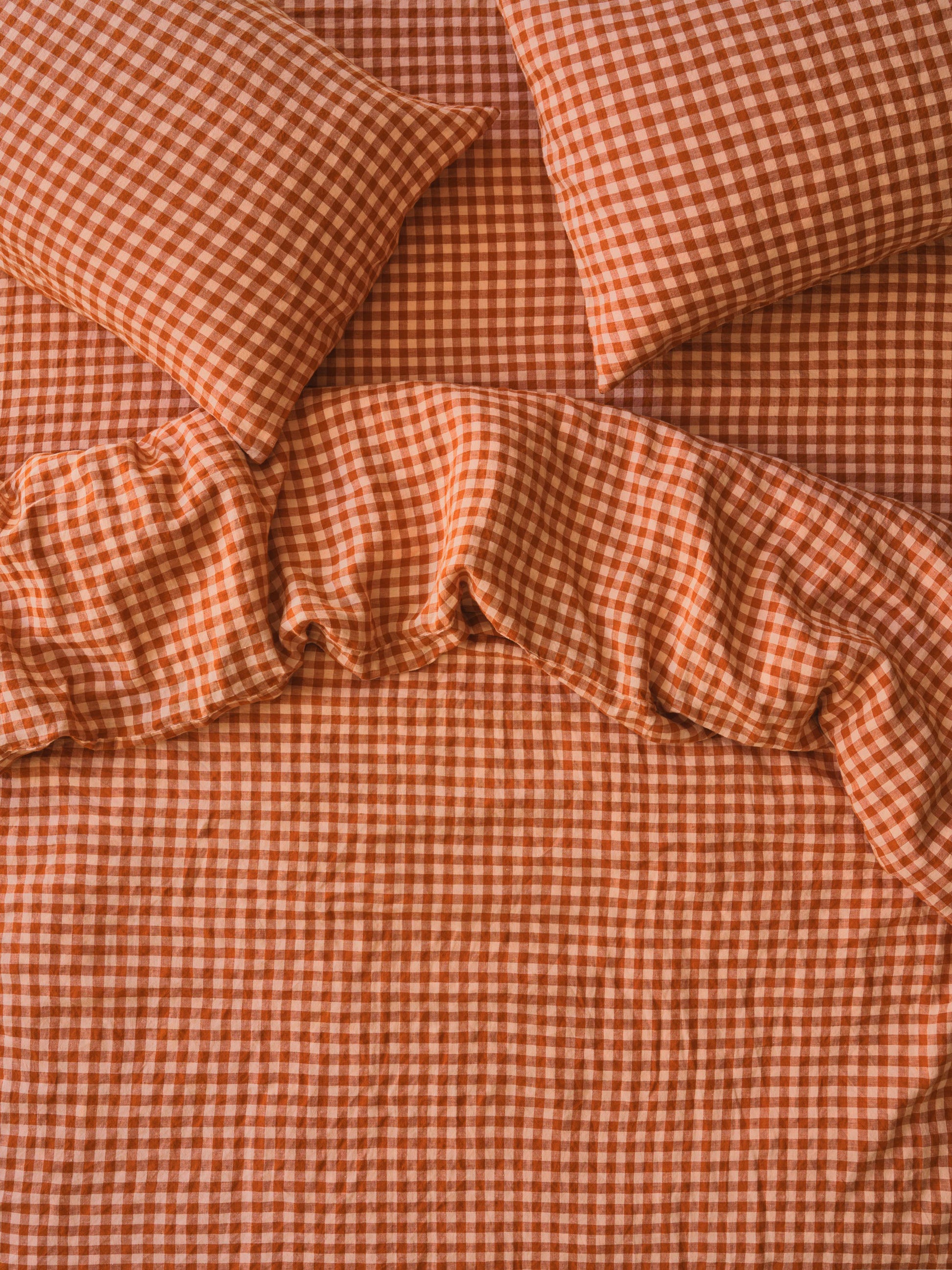 Cinnamon & Peach Colour Drenched Gingham 100% Linen Duvet Cover