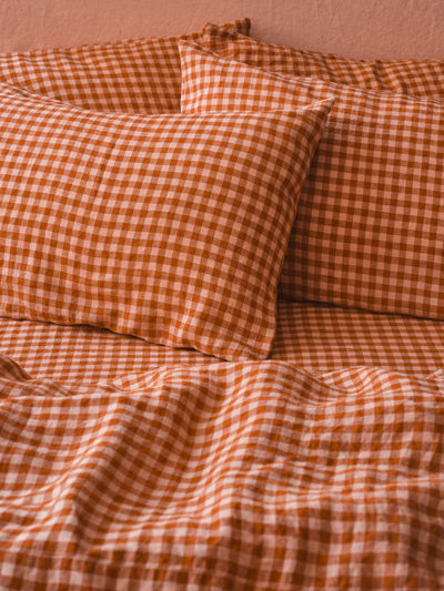 Cinnamon & Peach Colour Drenched Gingham 100% Linen Pillowcases (Pair)