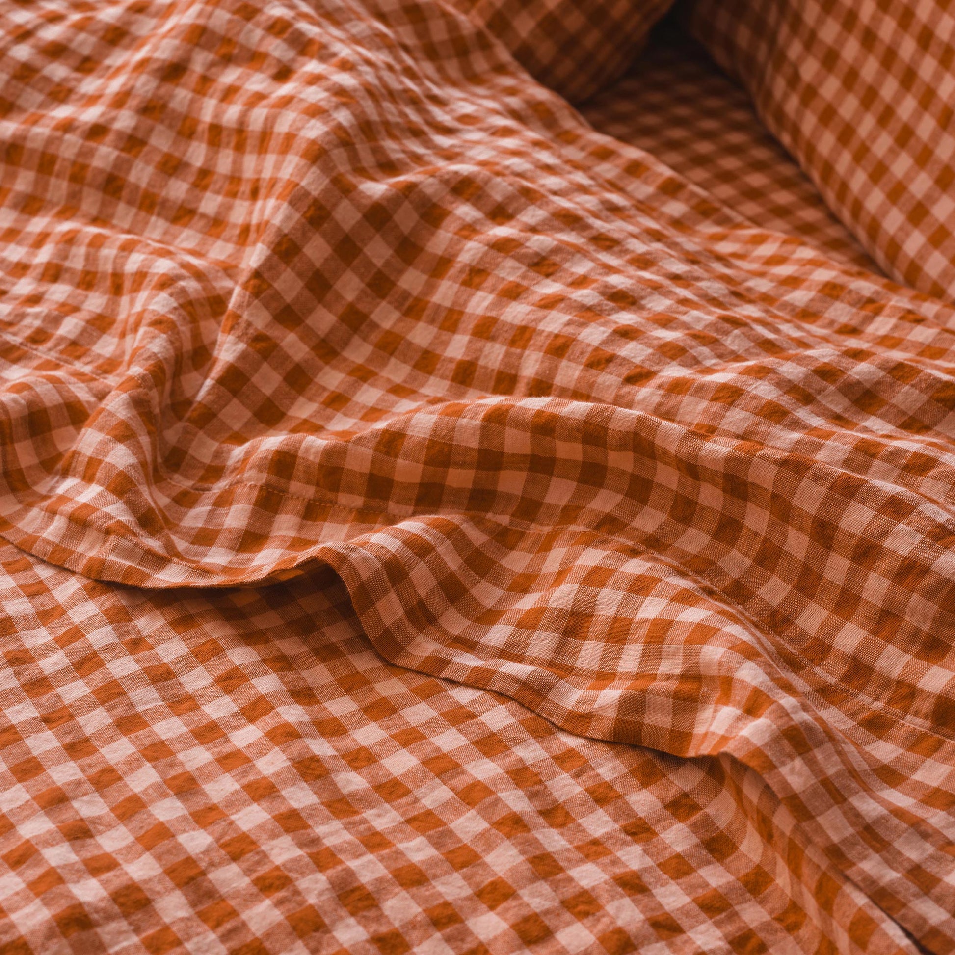 Cinnamon & Peach Colour Drenched Gingham Linen Blend Flat Sheet
