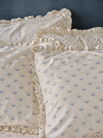 Cove Blue Martha Floral Cotton Frill Pillowcases (Pair)