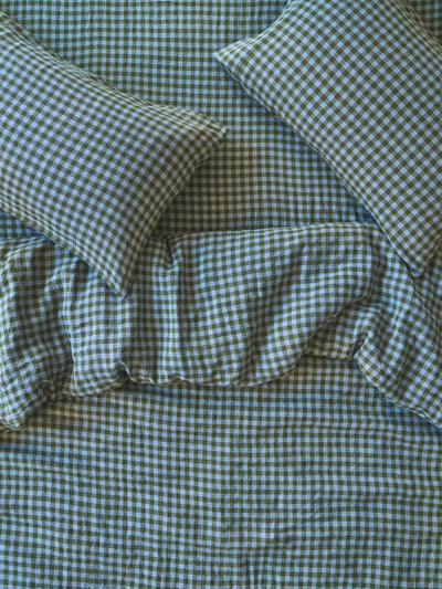 Fern Green & Dusk Blue Colour Drenched Gingham 100% Linen Duvet Cover
