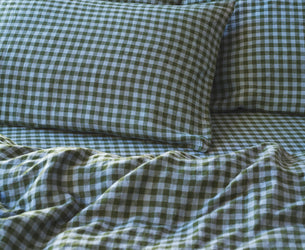 Fern Green & Dusk Blue Colour Drenched Gingham Linen Blend Pillowcases (Pair)