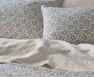 Dusk Blue Folk Floral Linen Blend Pillowcases (Pair)