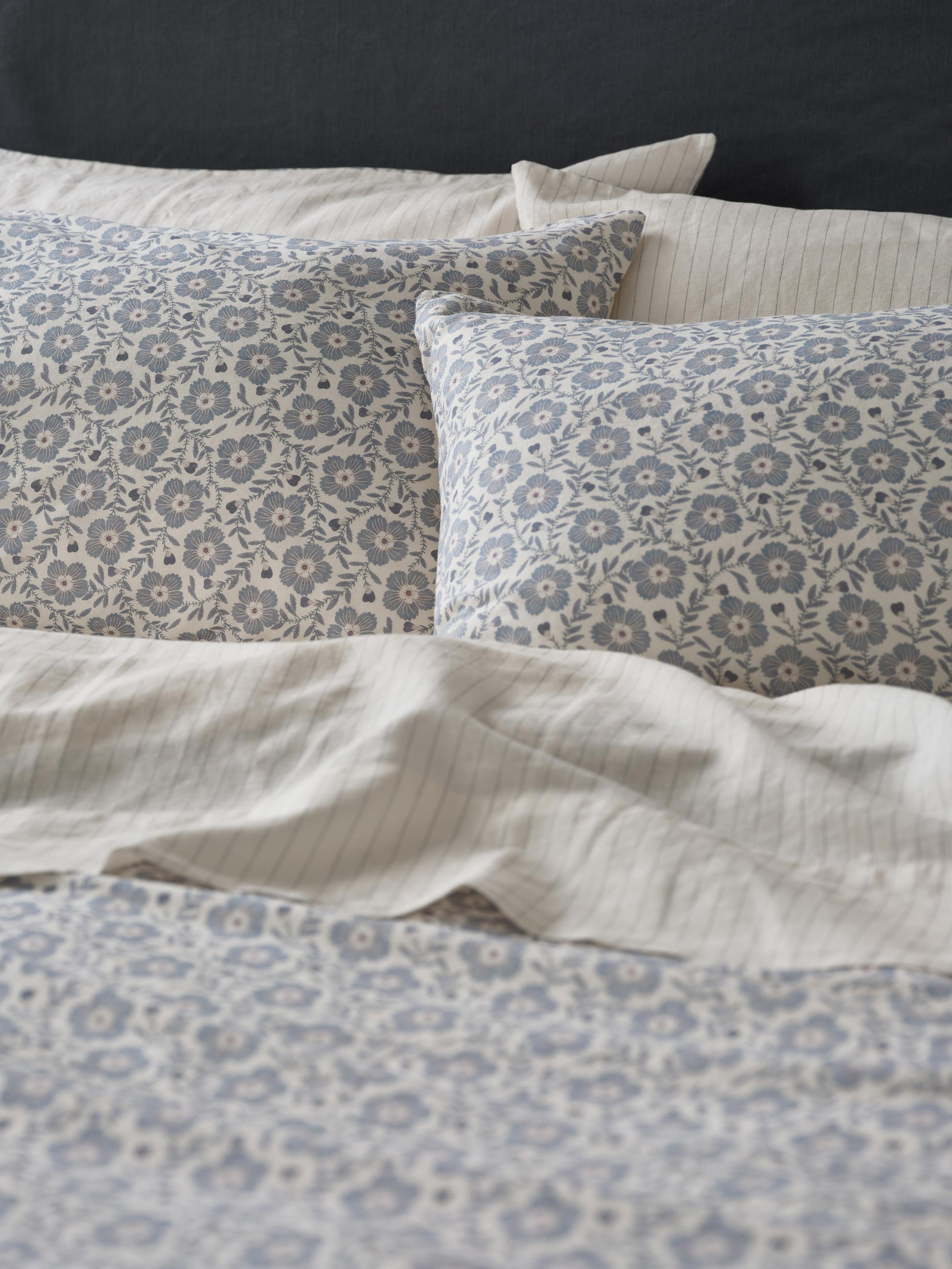 Dusk Blue Folk Floral Linen Blend Pillowcases (Pair)