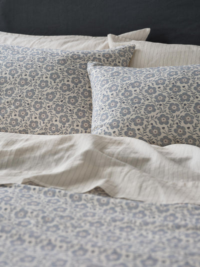 Dusk Blue Folk Floral Linen Blend Pillowcases (Pair)
