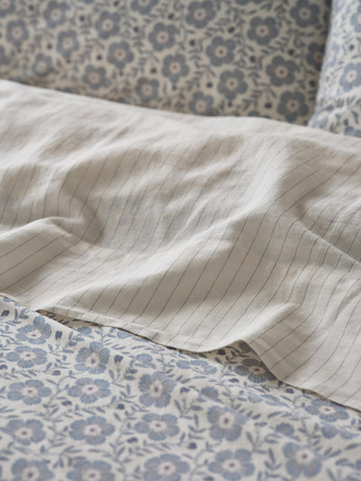 Dusk Blue Folk Stripe Linen Blend Flat Sheet