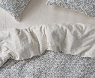 Dusk Blue Folk Floral Linen Blend Duvet Cover