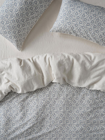 Dusk Blue Folk Floral Linen Blend Duvet Cover