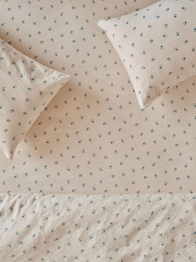 Dusk Blue Posy Bud Linen Blend Fitted Sheet
