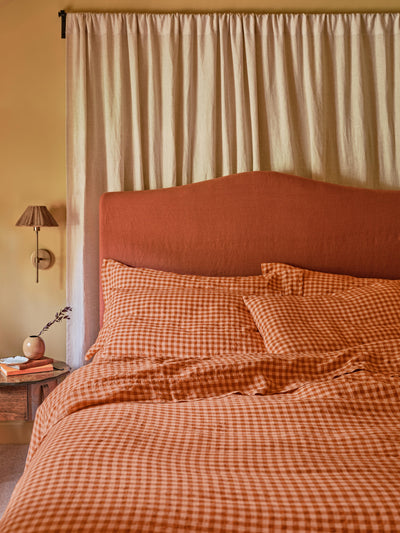 Cinnamon & Peach Colour Drenched Gingham 100% Linen Duvet Cover - alternate image
