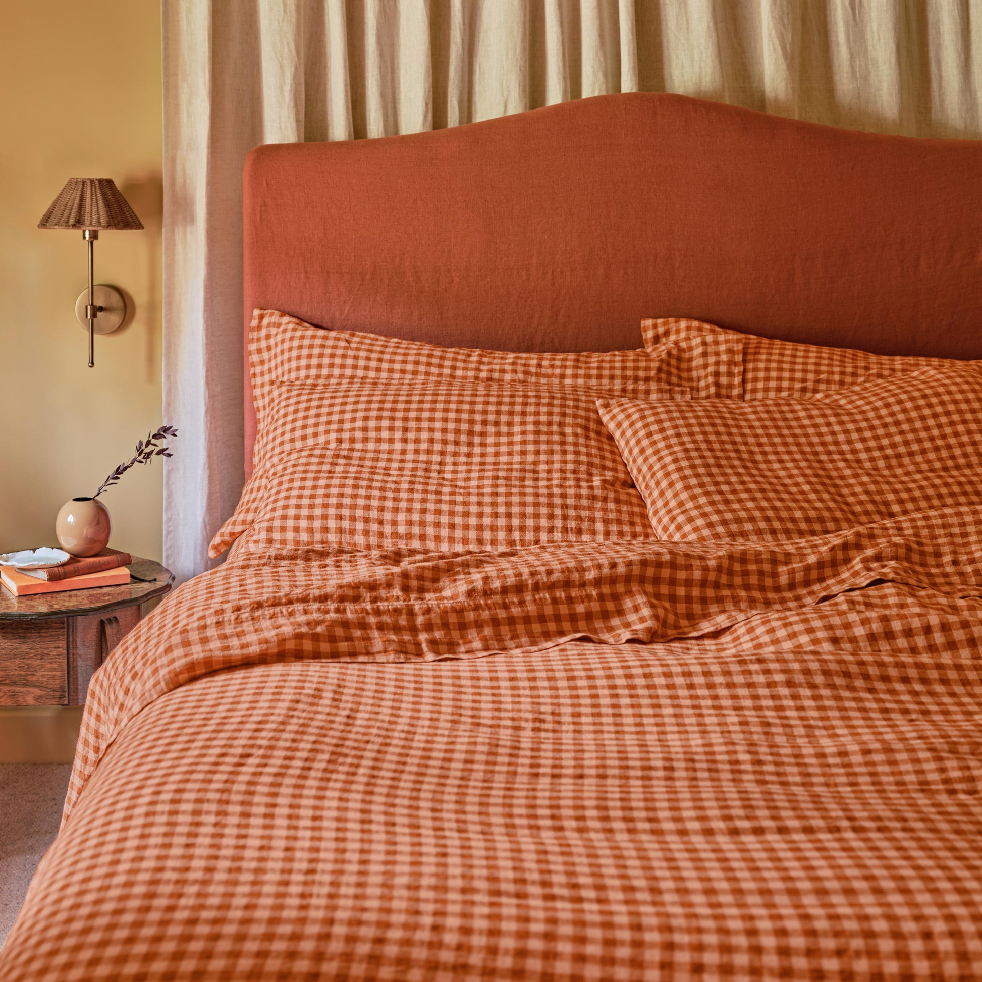 Cinnamon & Peach Colour Drenched Gingham Linen Blend Duvet Cover