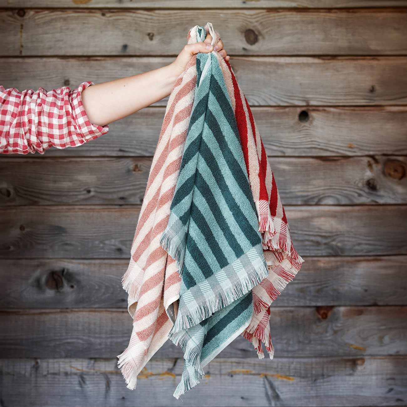 Sand Shell, Pine Green and Sandstone Red Stripe Cotton Hand Towels