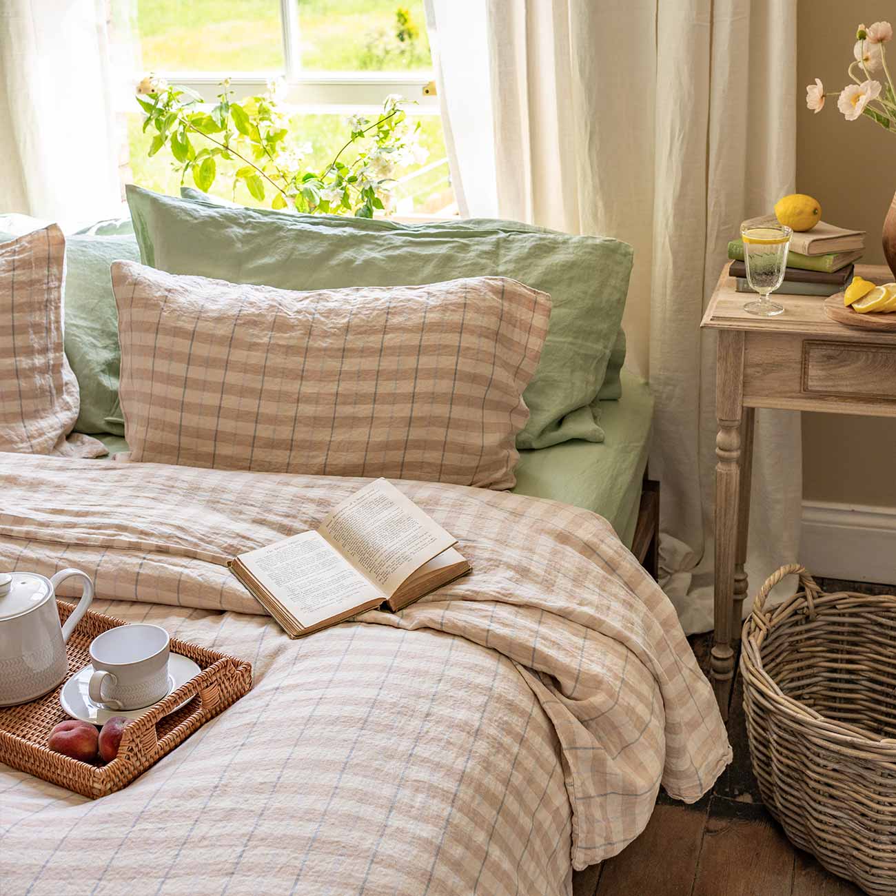 Cafe au Lait Check Stripe Duvet Cover, Flat Sheet and Pillowcases, Sage Green Fitted Sheet and Pillowcases