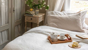 White Linen Duvet Cover and Pillowcases, Mushroom Gingham Pillowcases and Fitted Sheets