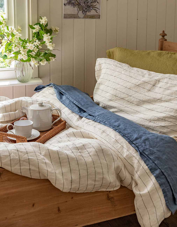 Blueberry Linen Flat Sheet, Luna Stripe Duvet Cover and Pillowcase, Botanical Green Pillowcase